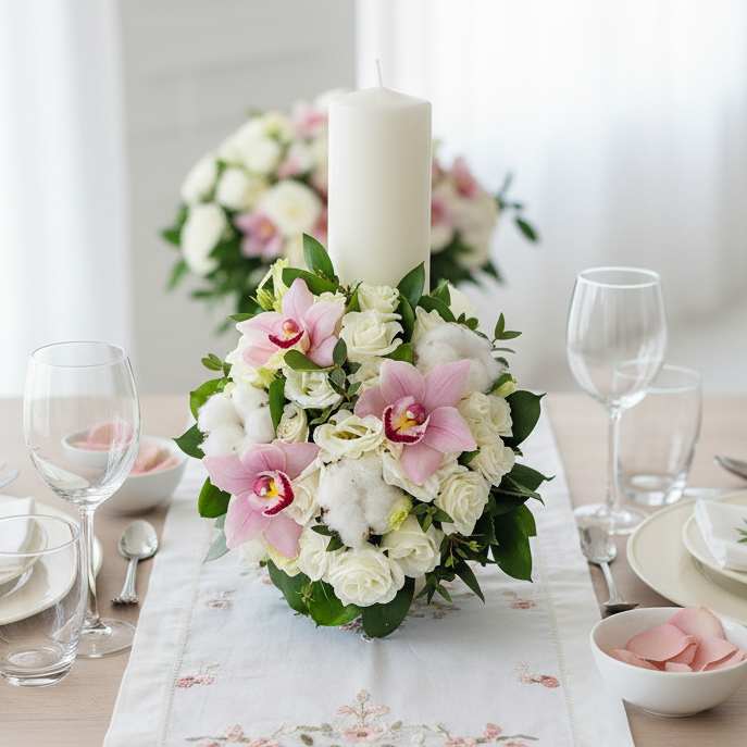 Lumanare botez scurta orhidee si bumbac