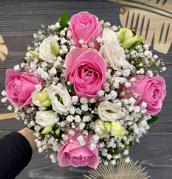 Civil wedding bouquet pink roses and lisianthus