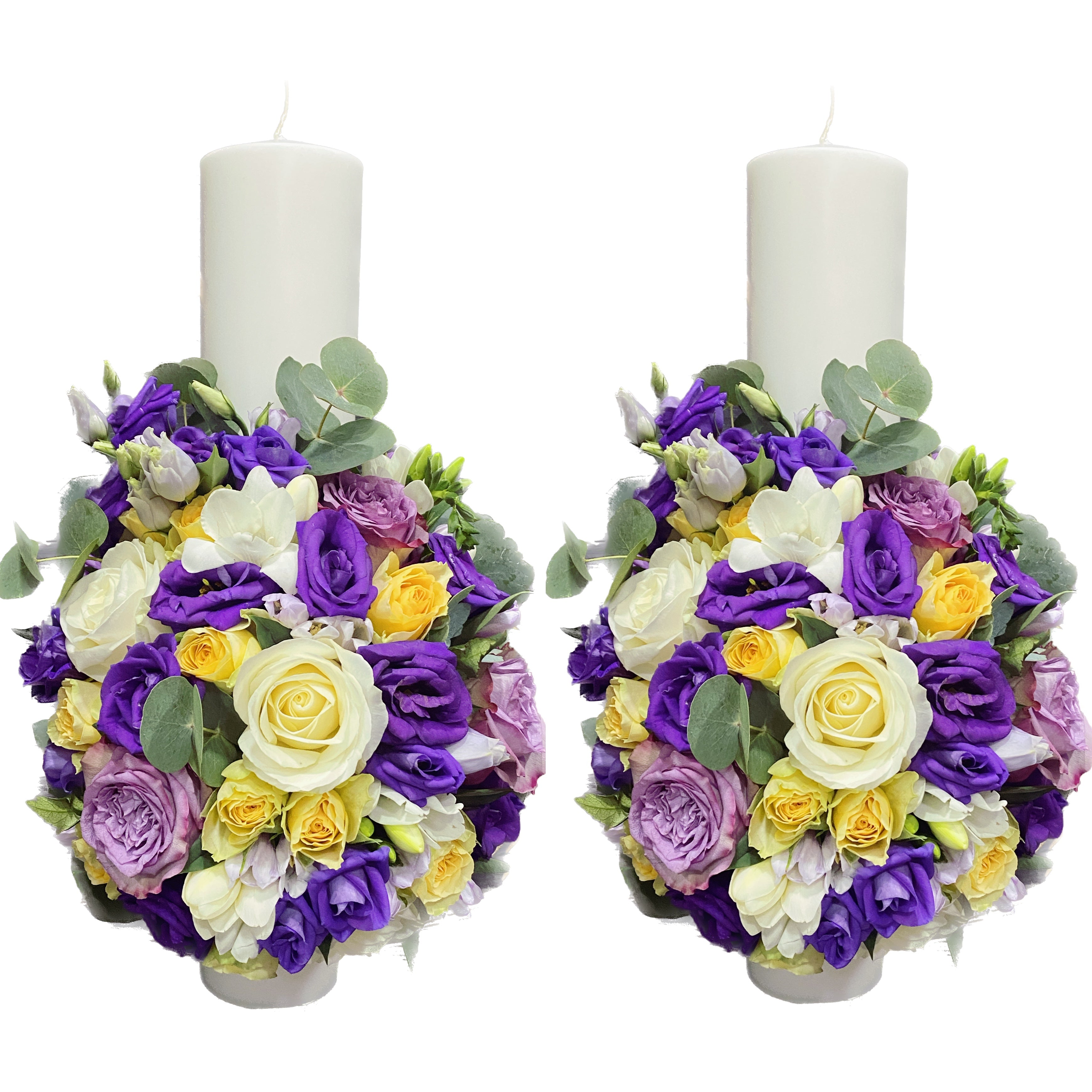 Short wedding candles, peach mini roses