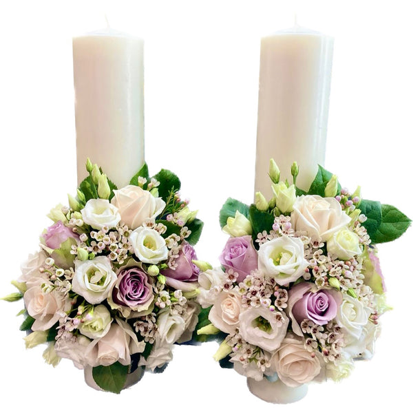 Short wedding candles purple and ivory roses