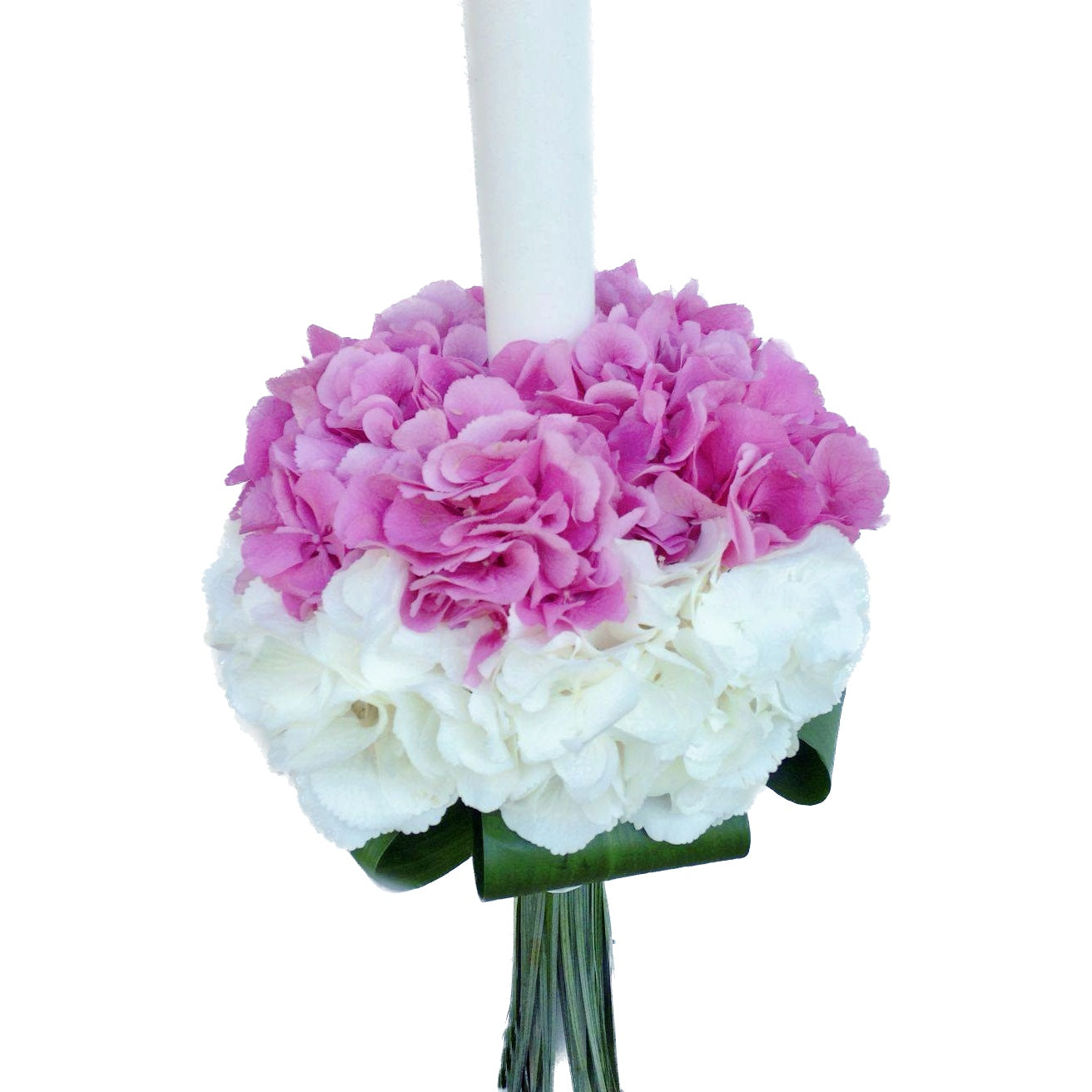 Baptism candle made of white and pink hydrangeas