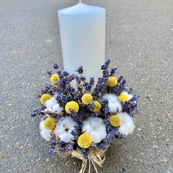 Simple cotton and lavender baptism candle