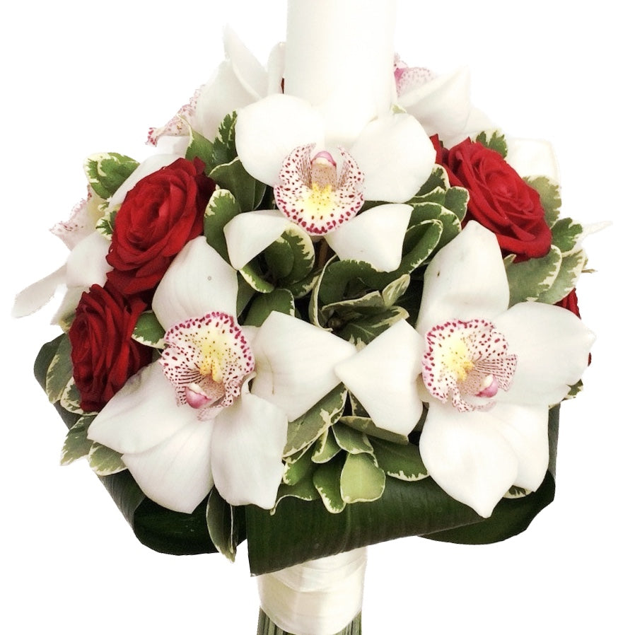 Lumanare de botez  baieti cu orhidee cymbidium si trandafiri