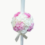 Baptism candle made of white and pink hydrangeas