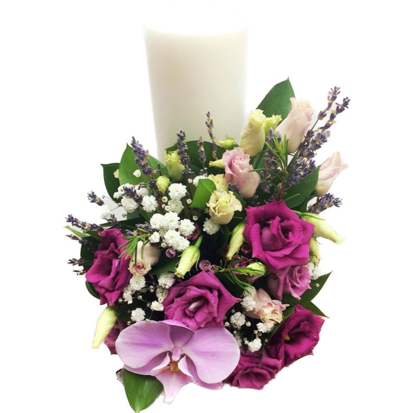 Short baptism candle - lavender and lisianthus