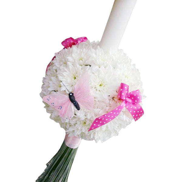 White chrysanthemum baptism candle for girls with bows