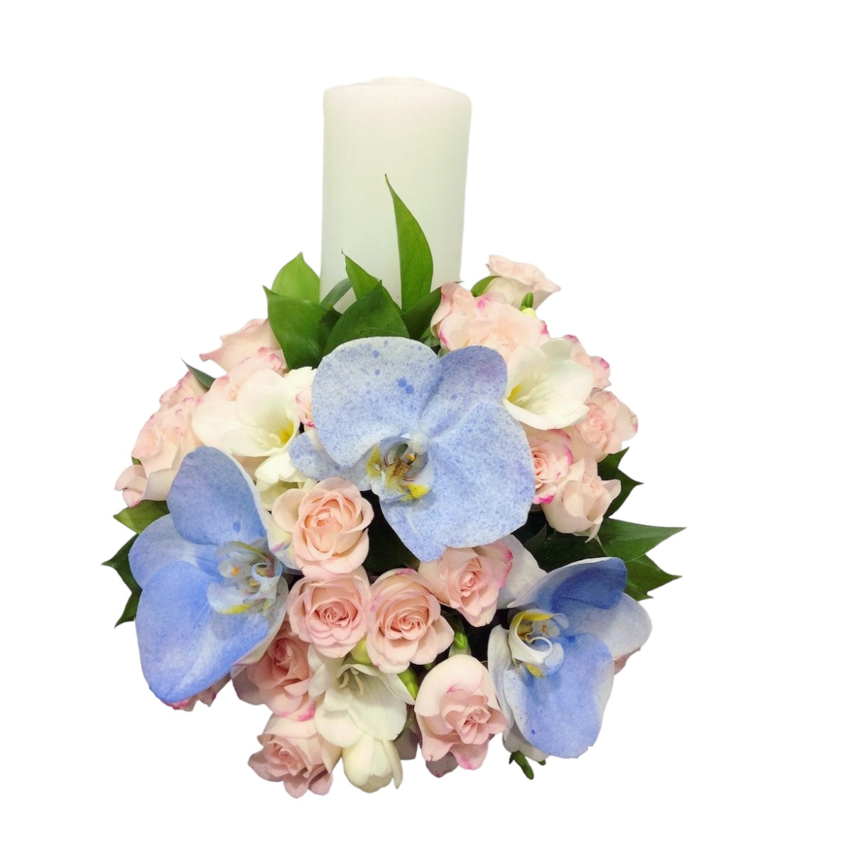 Lumanare botez scurta minirose si frezii albe