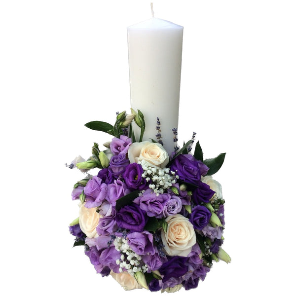 Short christening candle purple lisianthus and lavender