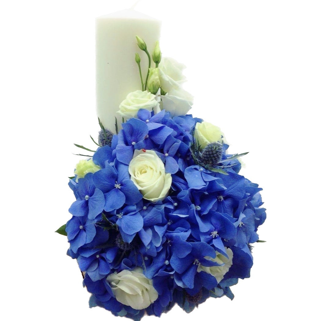 Lumanare botez scurta baieti hortensie si eryngium