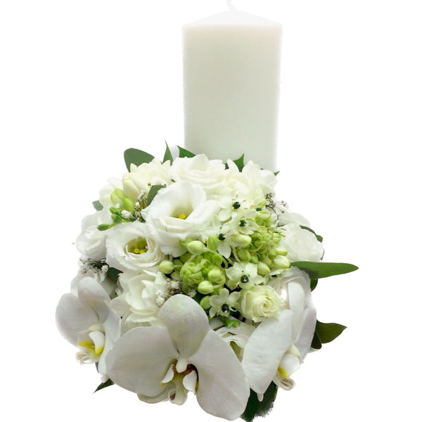 Lumanare botez scurta - mix de flori albe