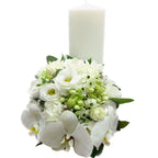 Lumanare botez scurta - mix de flori albe