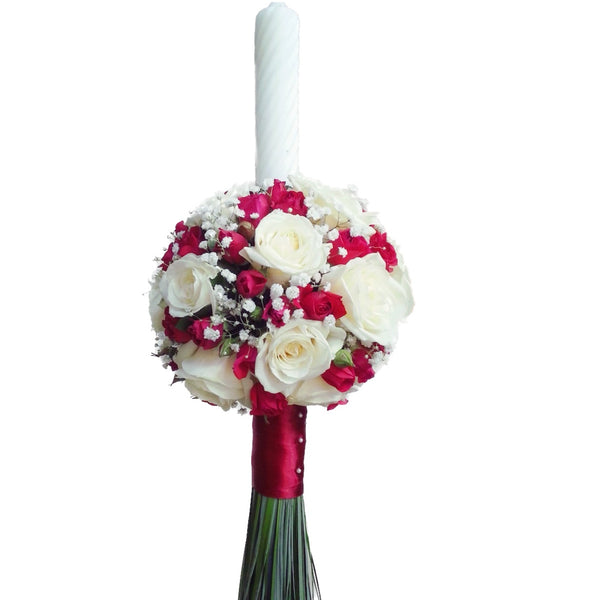 Baptism candle with white roses and red mini roses