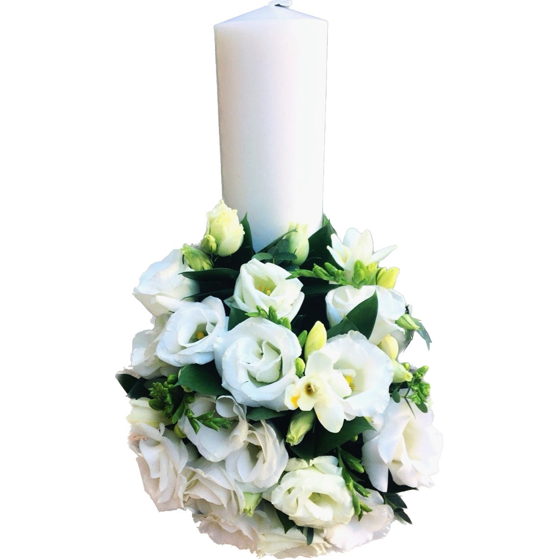 Lumanare botez scurta lisianthus si frezii albe