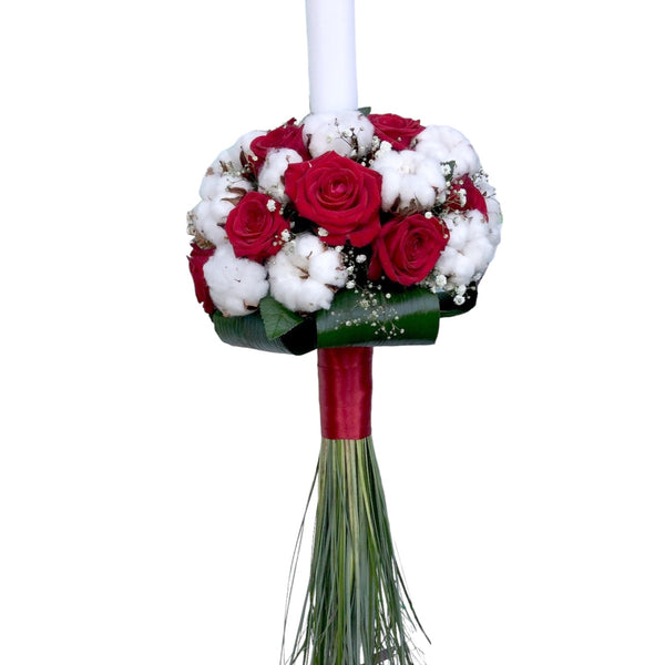 Baptism candle red roses and cotton
