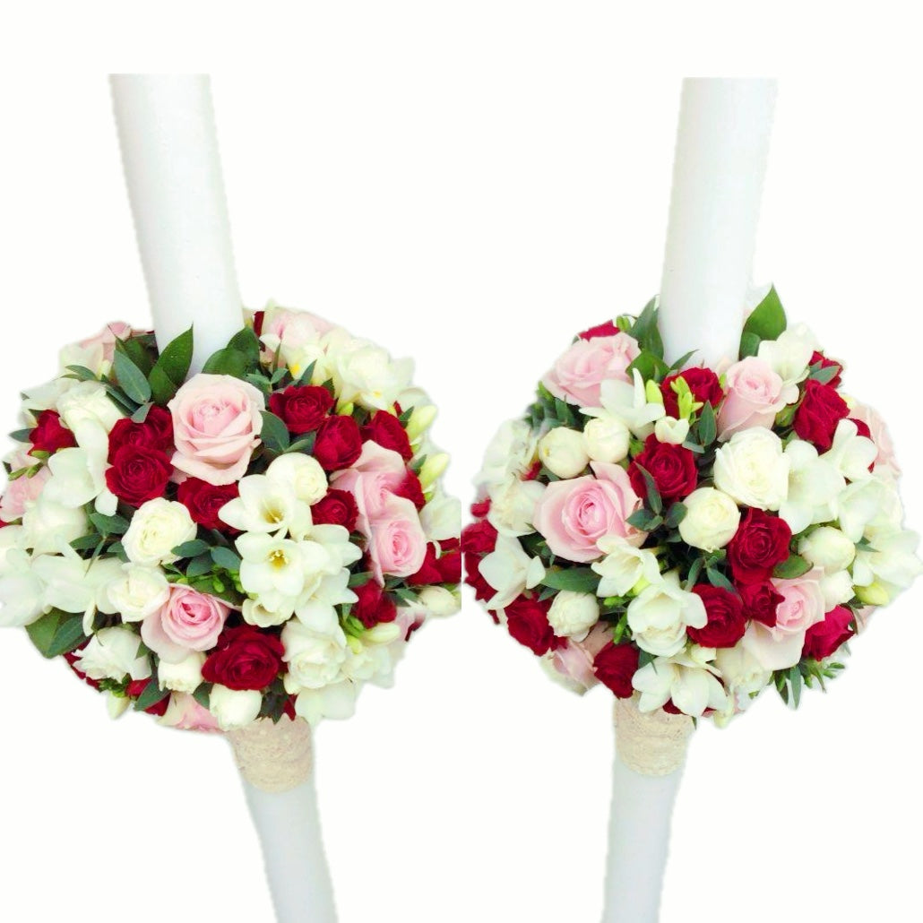 Lumanari nunta trandafiri roz si minirose grena