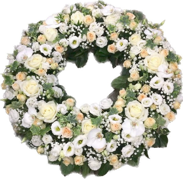 Large funeral wreath with white flowers