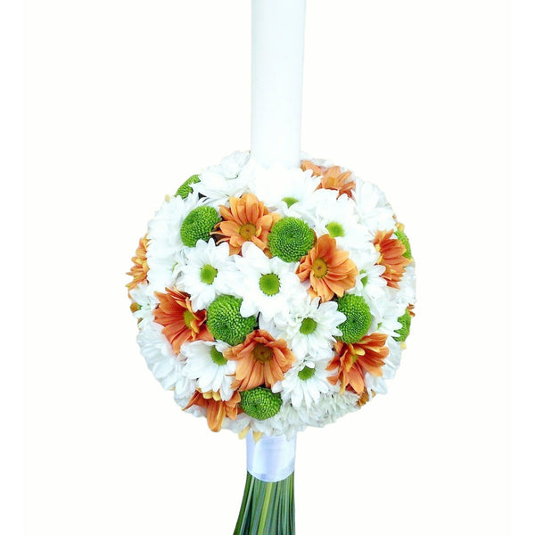 Baptism candle made of white, orange and santini chrysanthemums