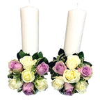Lumanari cununie scurte trandafiri mov si ivoire