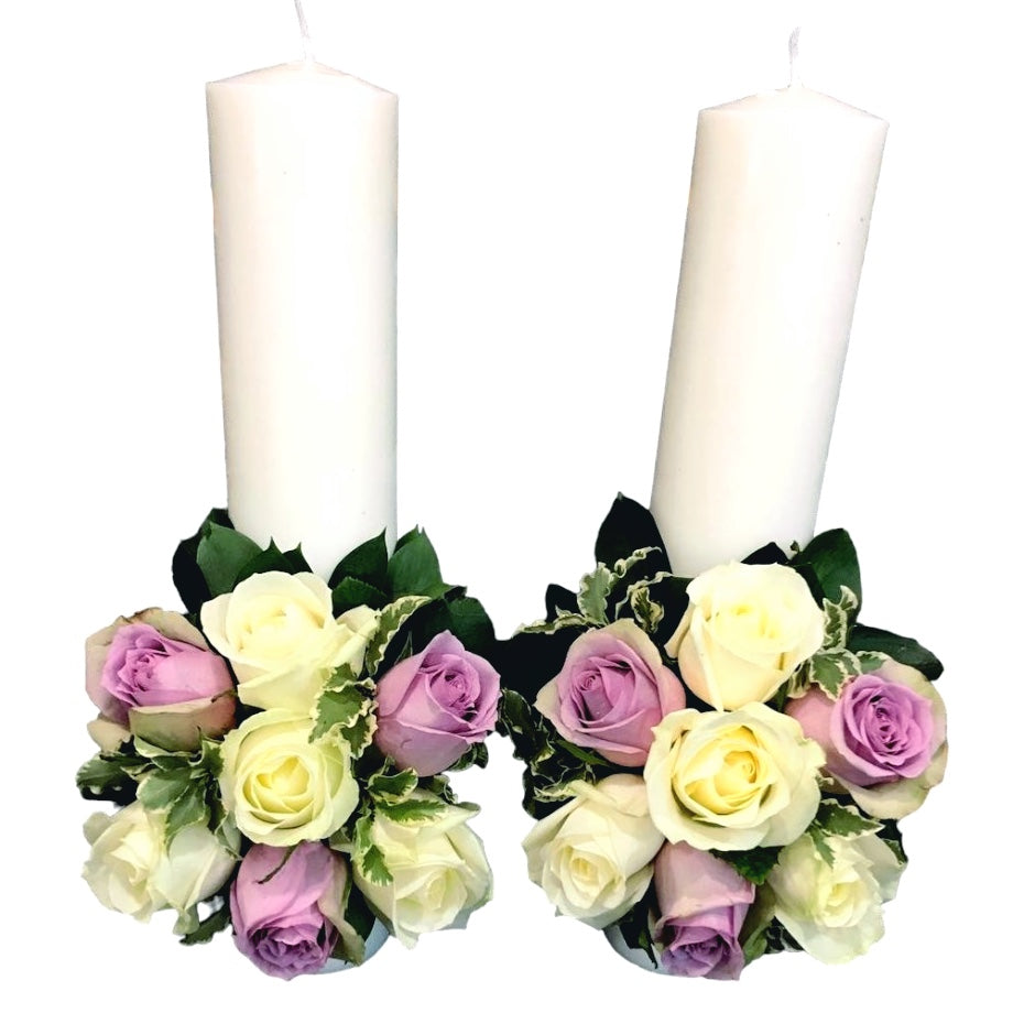 Lumanari cununie scurte trandafiri mov si ivoire