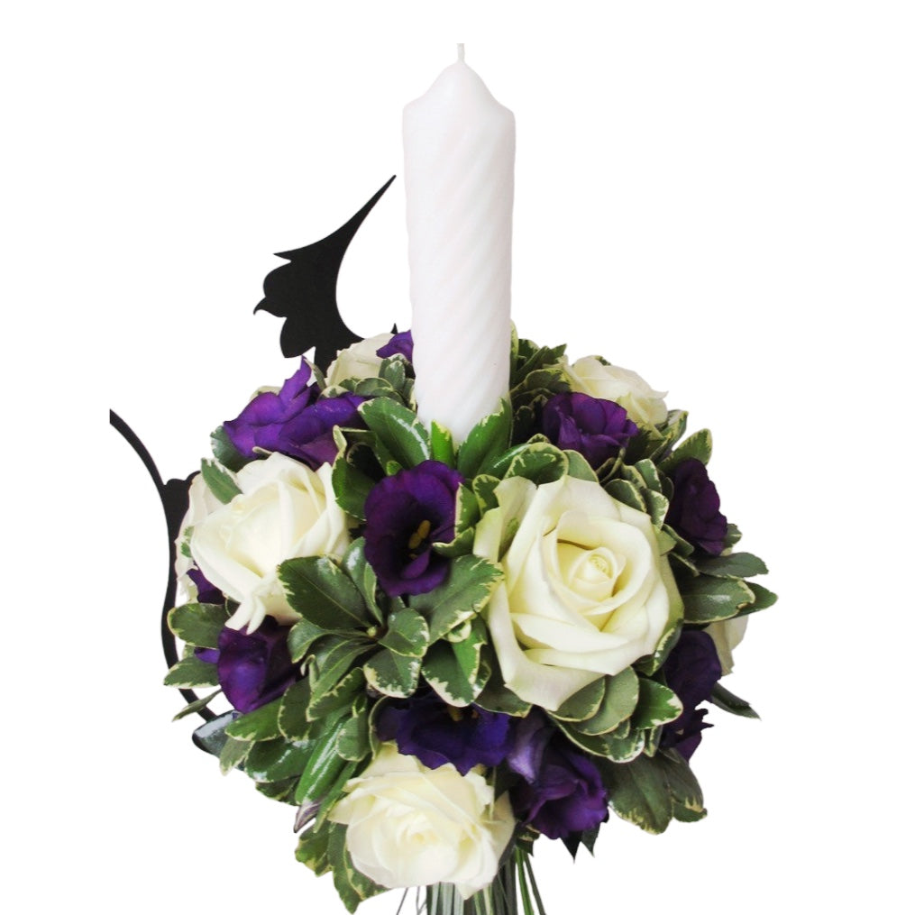 Boy baptism candle with white roses and purple lisianthus