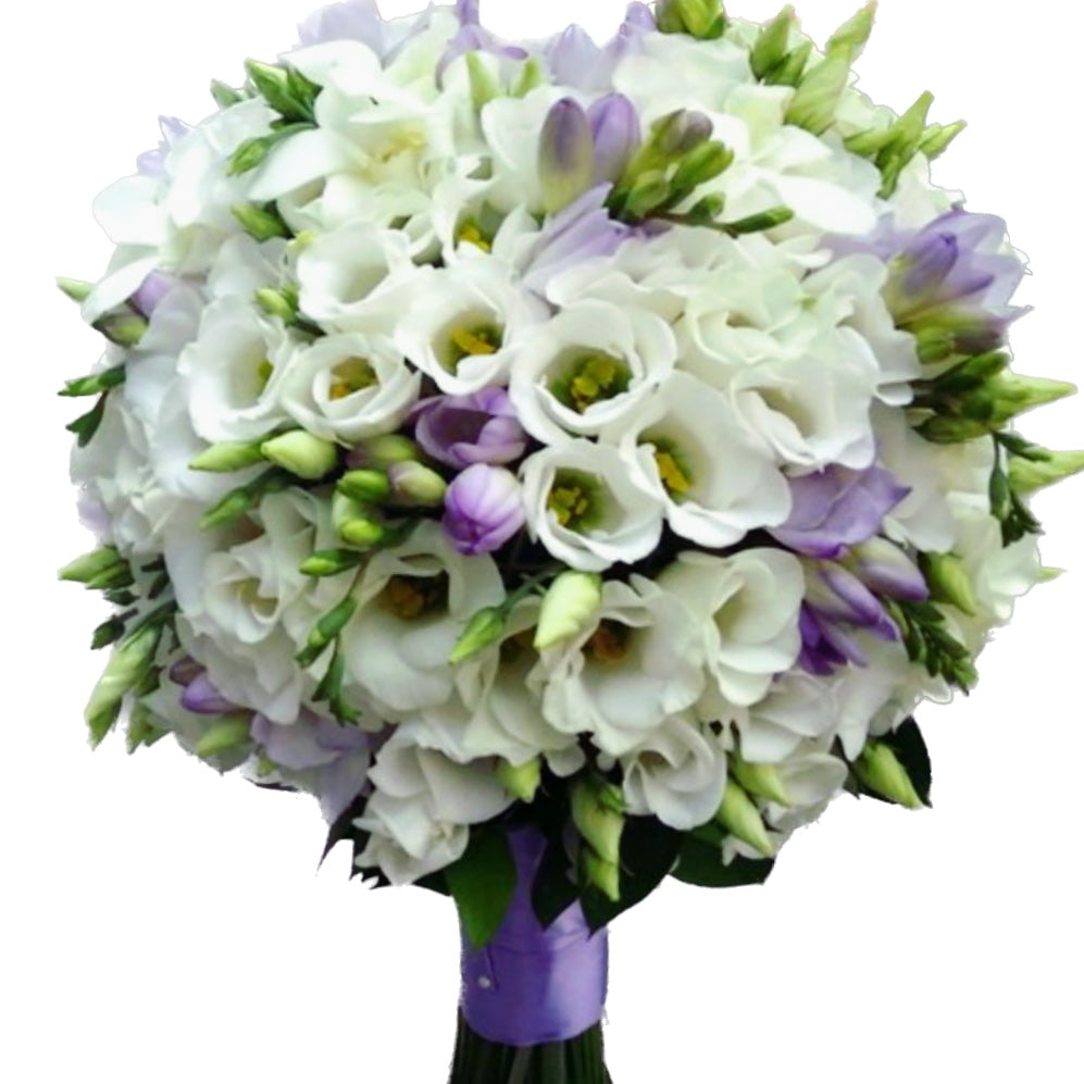 Baptism candle white lisianthus and purple freesia