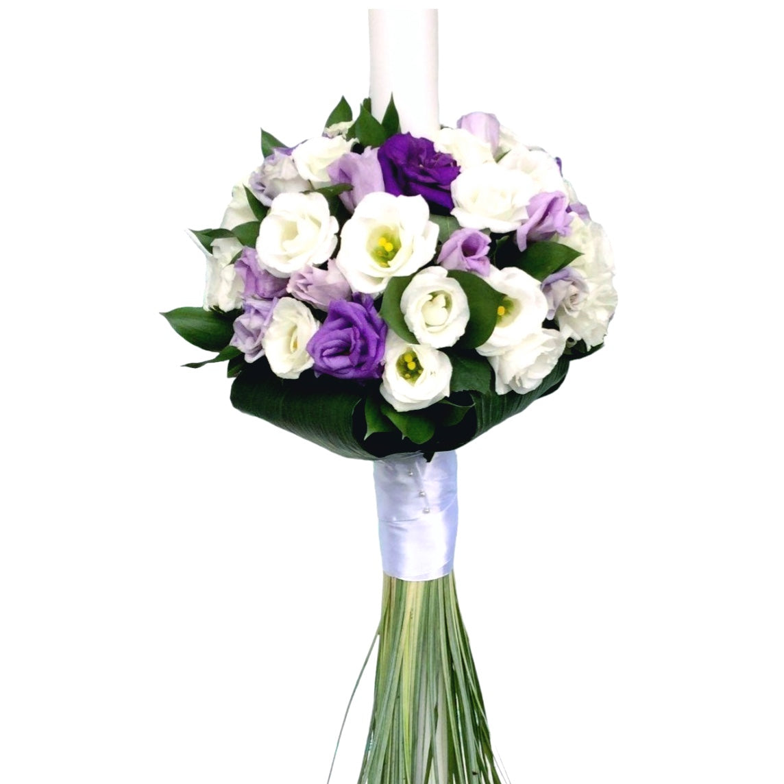 Purple and white lisianthus baptism candle