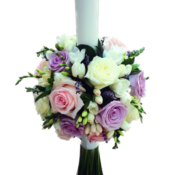 Baptism candle with roses, freesia and lavender