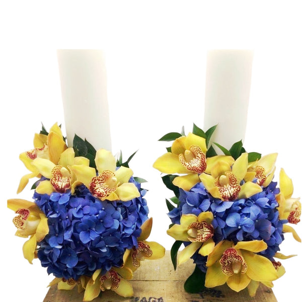 Short wedding candles blue hydrangea and cymbidium orchids