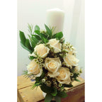 Lumanare botez scurta trandafiri crem si wax flowers