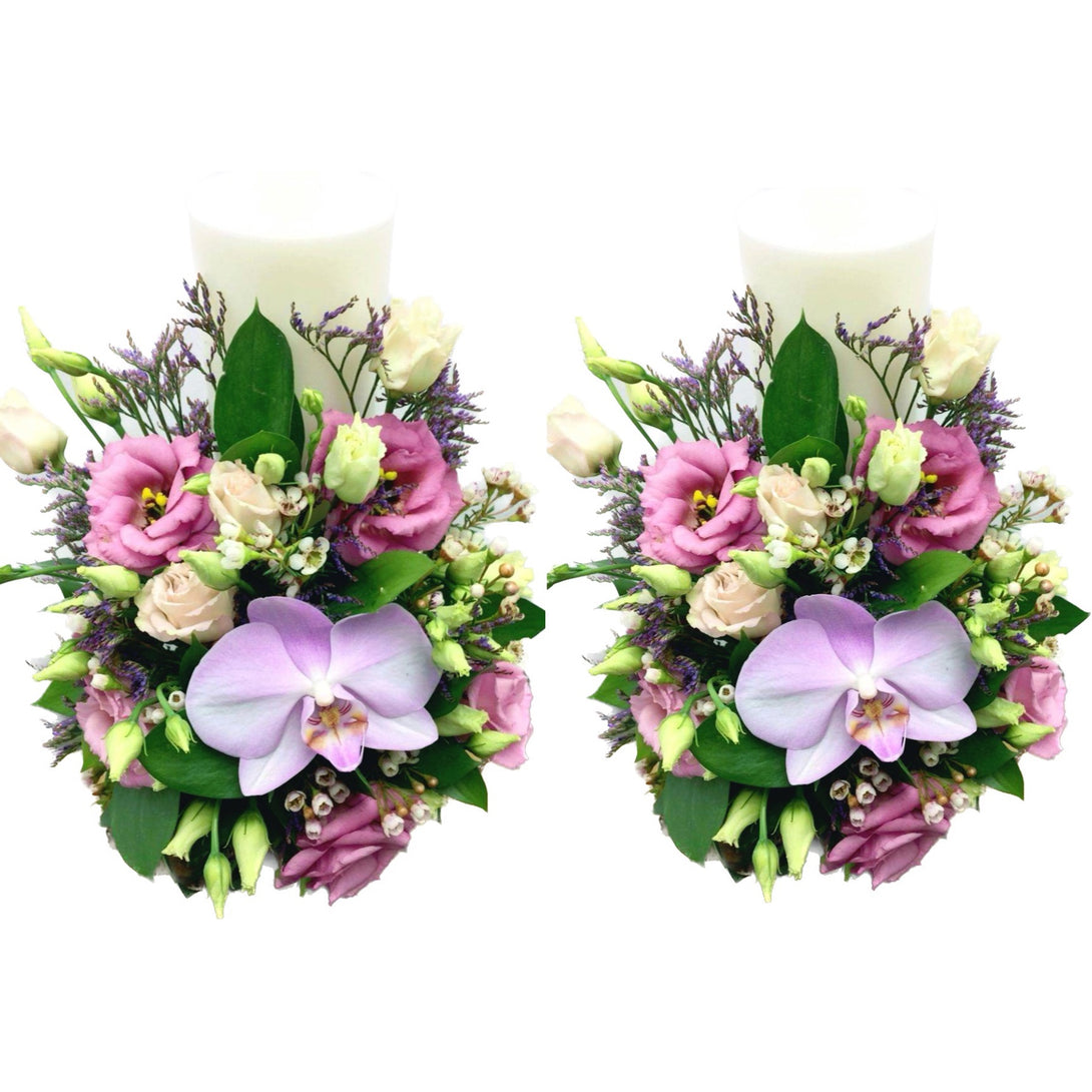 Lumanari nunta scurte lisianthus roz si phalaenopsis