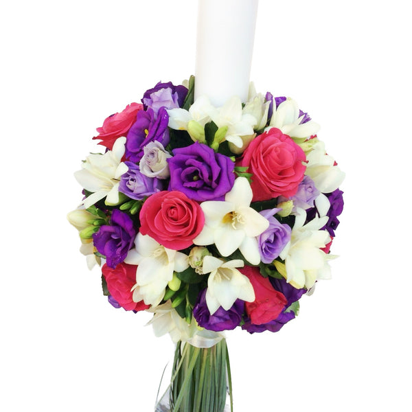 Cyclamen and lisianthus roses baptism candle