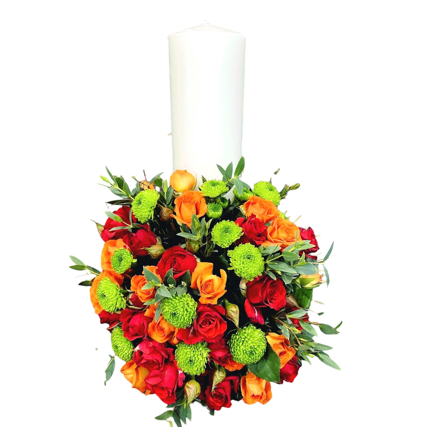 Short baptism candle with mini roses and santini