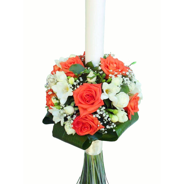 Baptism candle, coral roses and mini roses