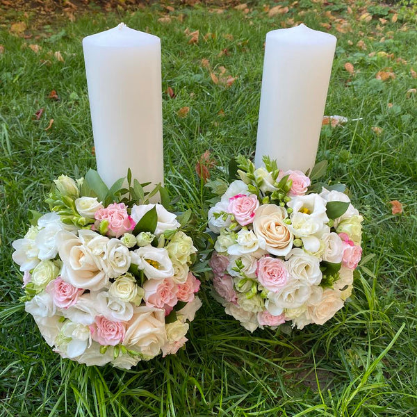 Short white lisianthus wedding candles and wax flowers