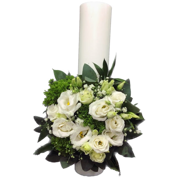 Short baptism candle natural white and green flowers