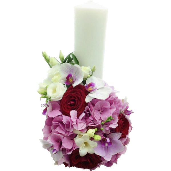 Short christening candle for pink hydrangea and lisianthus girls