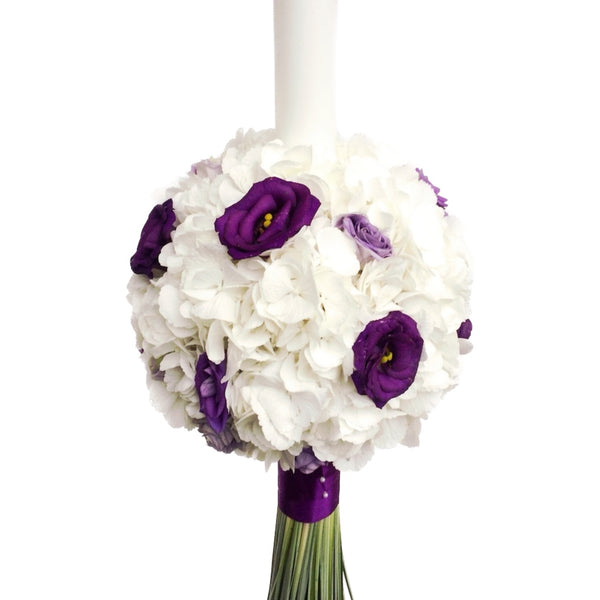 Baptism candle for boys with hydrangea and lisianthus