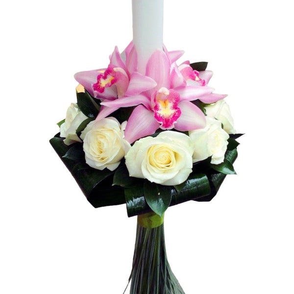 Lumanare de botez cu trandafiri albi si orhidee roz