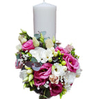 Short pink lisianthus girl baptism candle