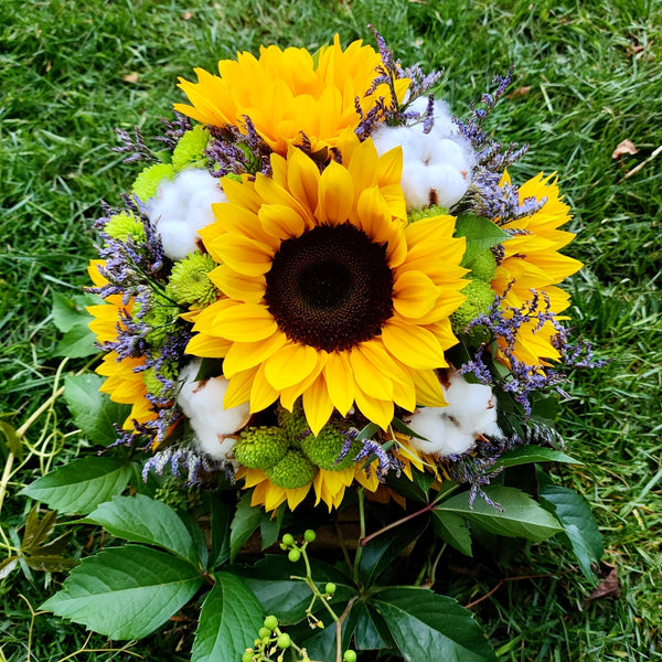 Sunflower and cotton wedding bouquet