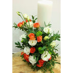 Baptism candle with mini roses, lisianthus and santini