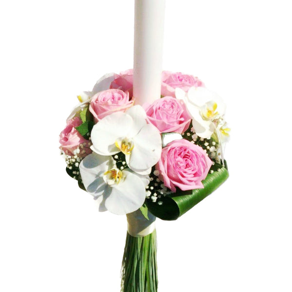 Baptism candle pink roses and phalaenopsis orchids