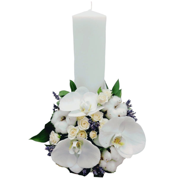 Short christening candle mini rose cream and lavender