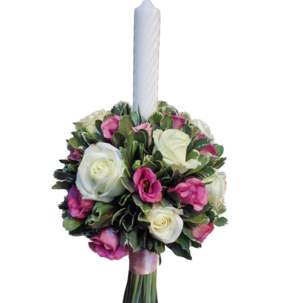 Baptism candle for girls with white roses and pink lisianthus