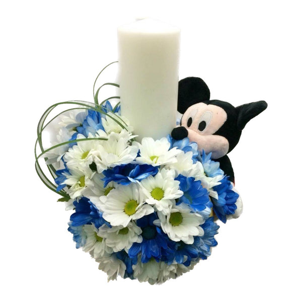 Baptism candle blue daisies and Mickey Mouse