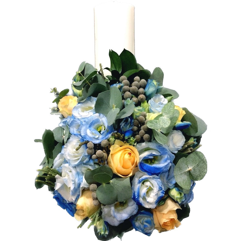 Short baptism candle peach and brown roses