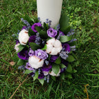 Short christening candle purple lisianthus and lavender