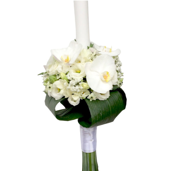 Baptism candle natural white flowers