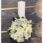 Short baptism candle lisianthus and white roses