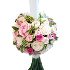 Baptism candle made of mini roses, roses and pittosporum